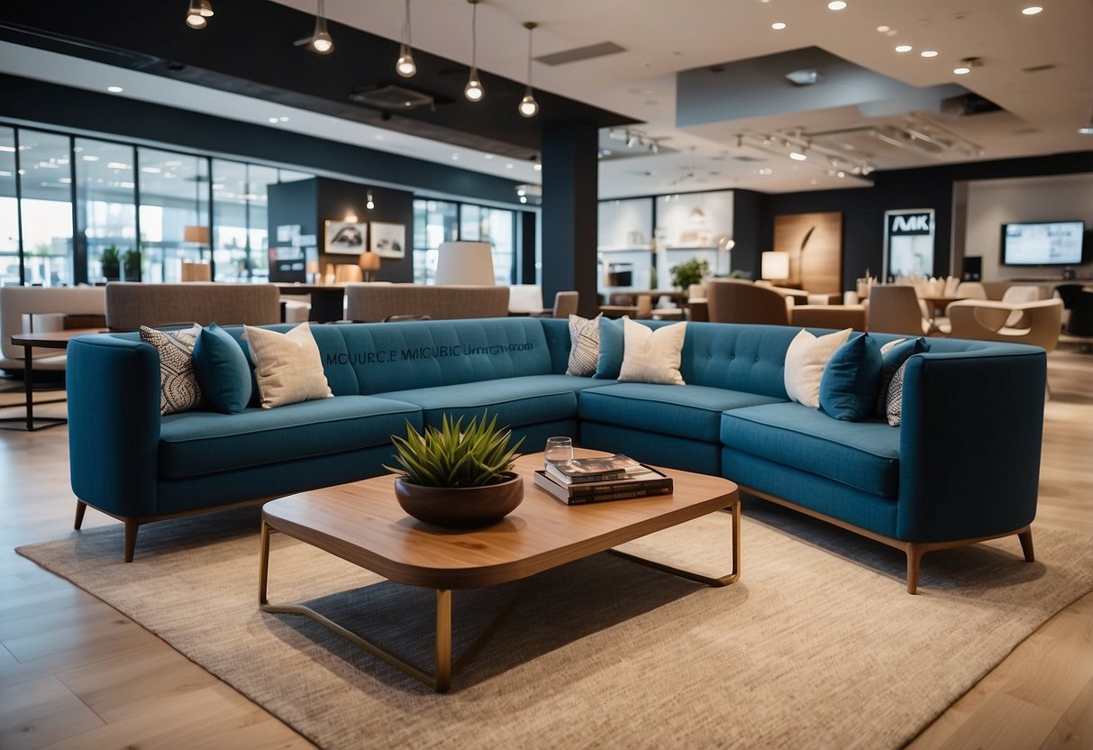 A showroom with modern, clean-lined furniture. Each piece labeled with the distinctive McGuire logo