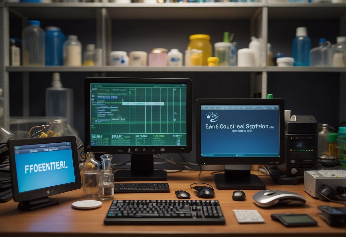 A cluttered lab bench with various equipment and tools scattered about. A computer monitor displays the words "Frequently Asked Questions" while shelves hold lab supplies