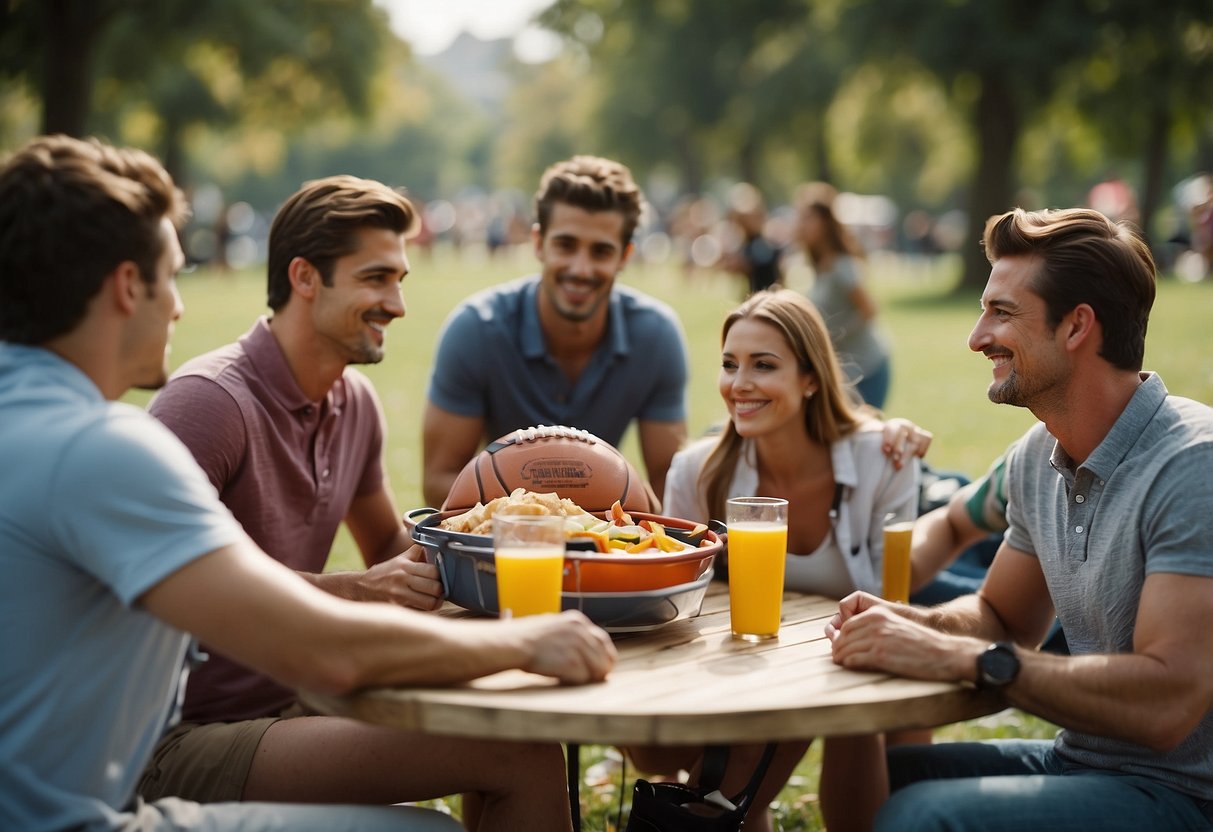 A group of people gather in a park with sports equipment and picnic supplies. They set up a trivia game and enjoy a sports-themed outing