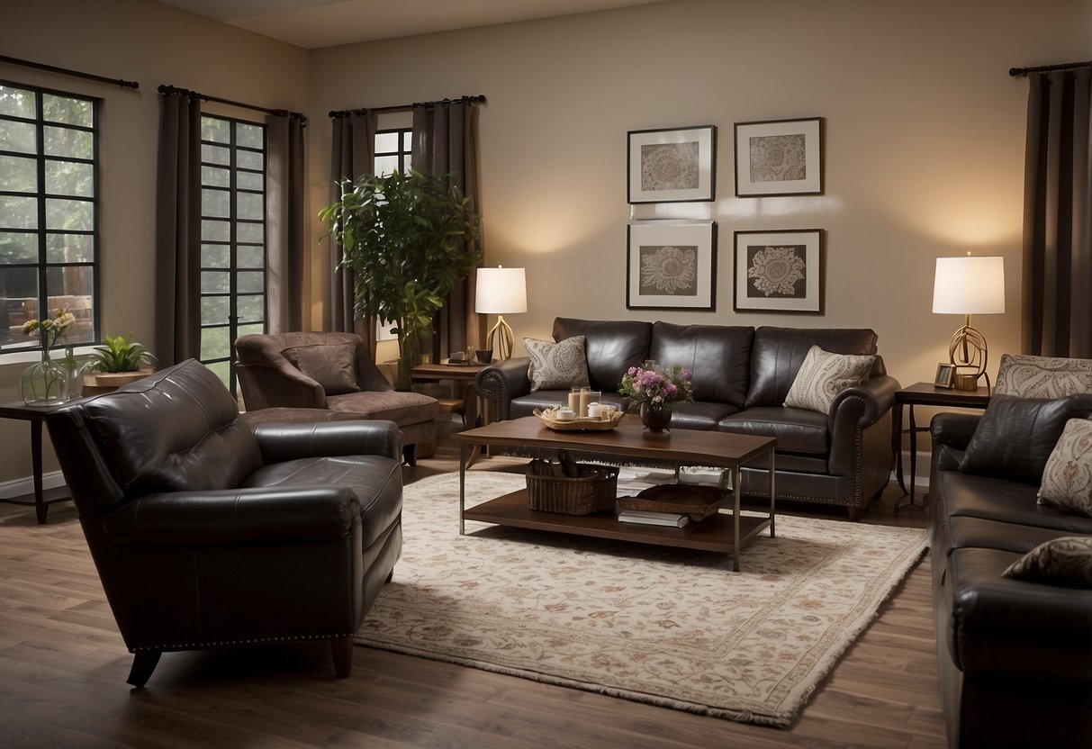 A room with a comfortable sofa and chair, surrounded by various Klaussner furniture pieces. A customer service representative stands nearby, ready to assist with any questions