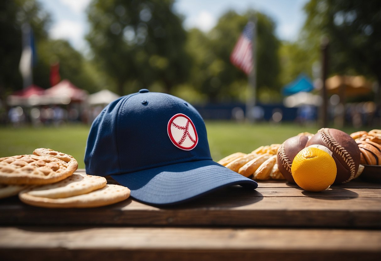 A baseball cap with sunshades sits on a picnic table surrounded by sports-themed decorations and food items