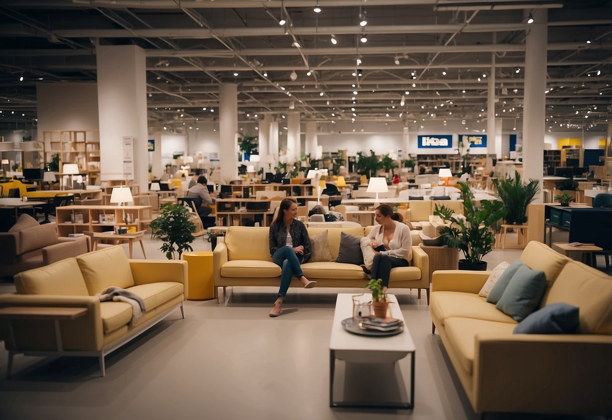 Customers browse discounted furniture in IKEA's 'As-Is' section, filled with marked-down items and unique finds. Shelves are stocked with a variety of pieces, from sofas to bookshelves, creating a bustling and dynamic atmosphere