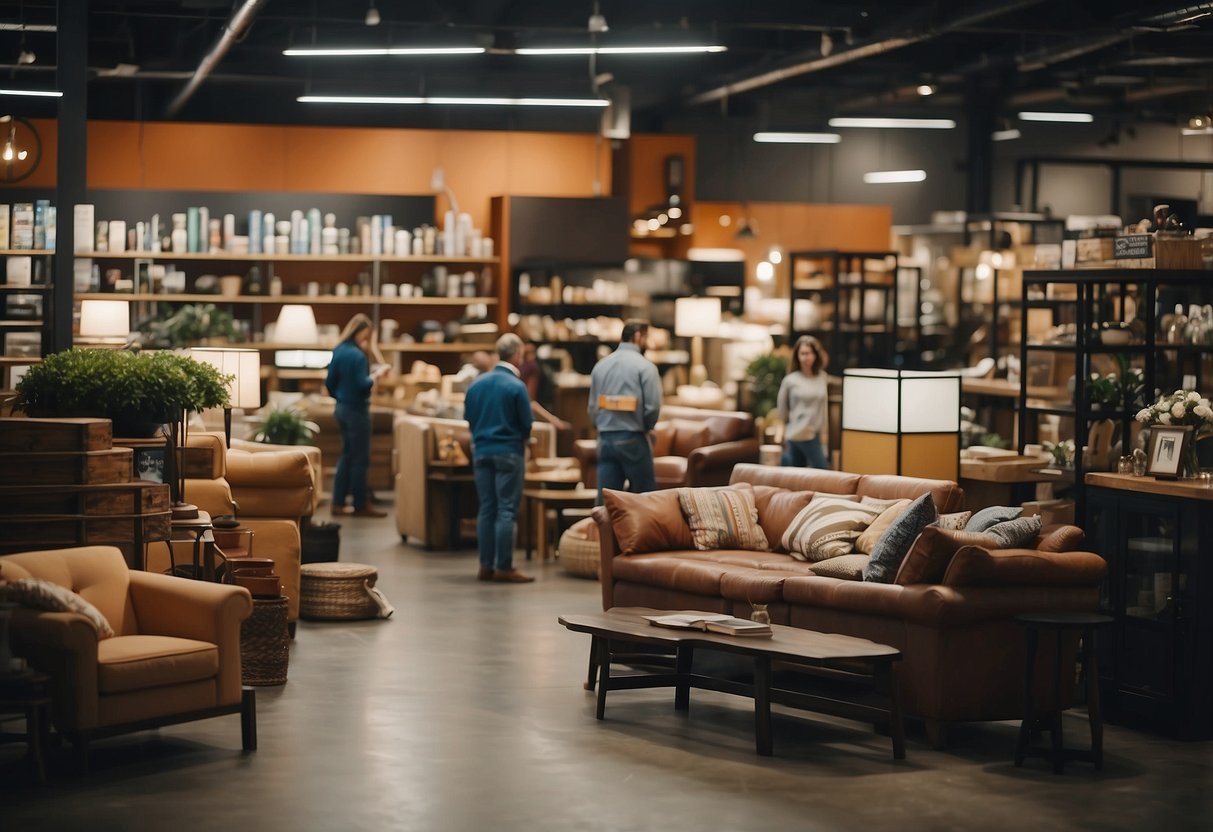 Furniture shops bustling with customers, delivery trucks unloading, and staff assisting. Signs advertise convenience and services