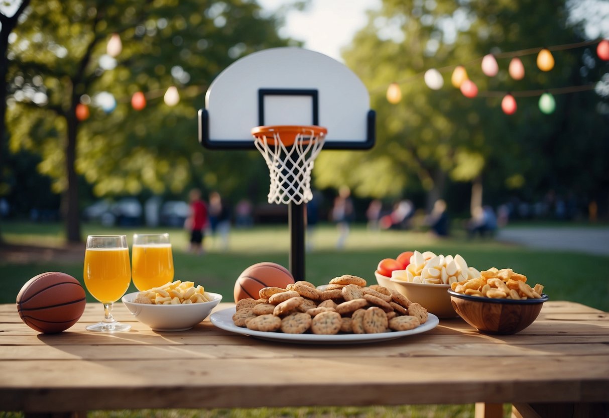 A mini basketball hoop is set up on a picnic table, surrounded by sports-themed snacks and decorations. A group of friends are enjoying a game while others cheer them on