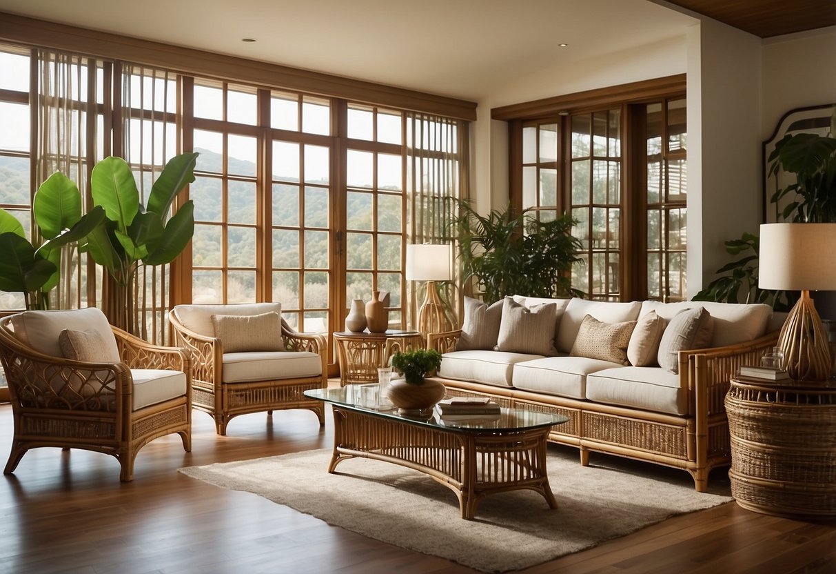 A room with natural light showcases McGuire furniture's signature rattan and bamboo construction, with clean lines and elegant curves