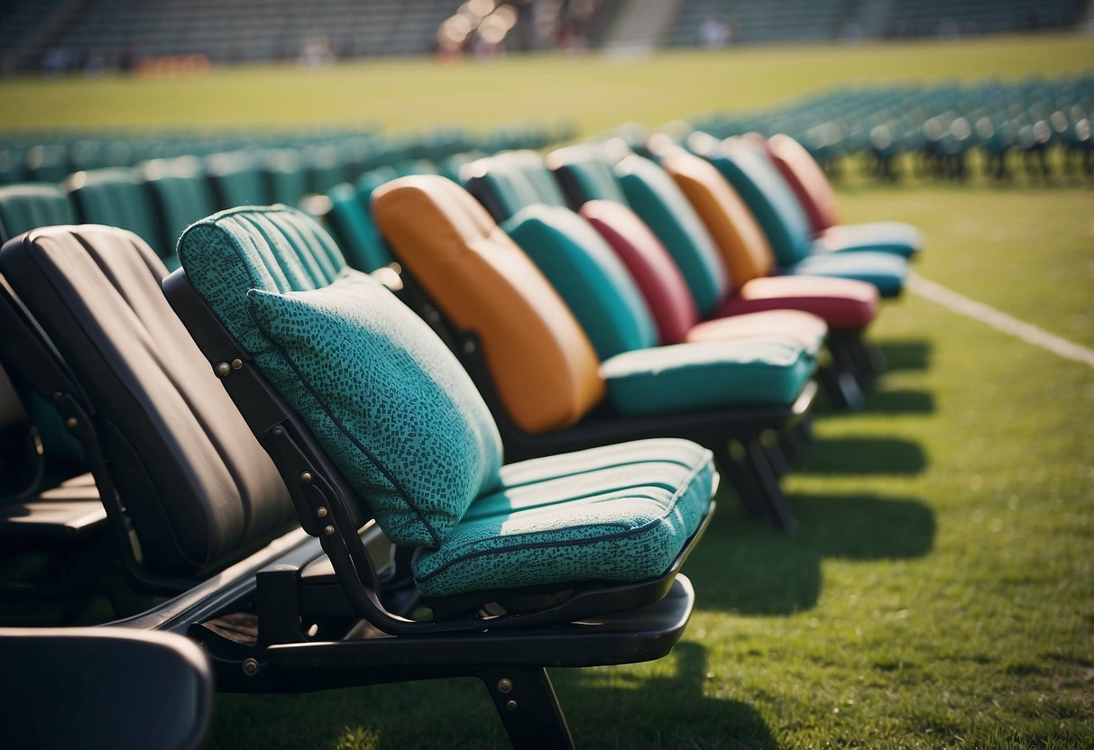 Rows of stadium seats with colorful cushions, surrounded by green grass and a view of the sports field. Picnic baskets and coolers scattered around