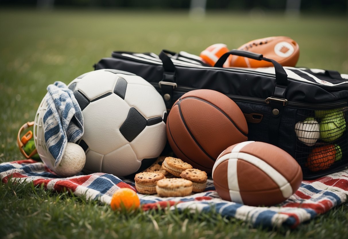 A grassy field with a basketball hoop in the background, surrounded by sports equipment like soccer balls, footballs, and baseball bats. A picnic blanket is spread out with a cooler and snacks