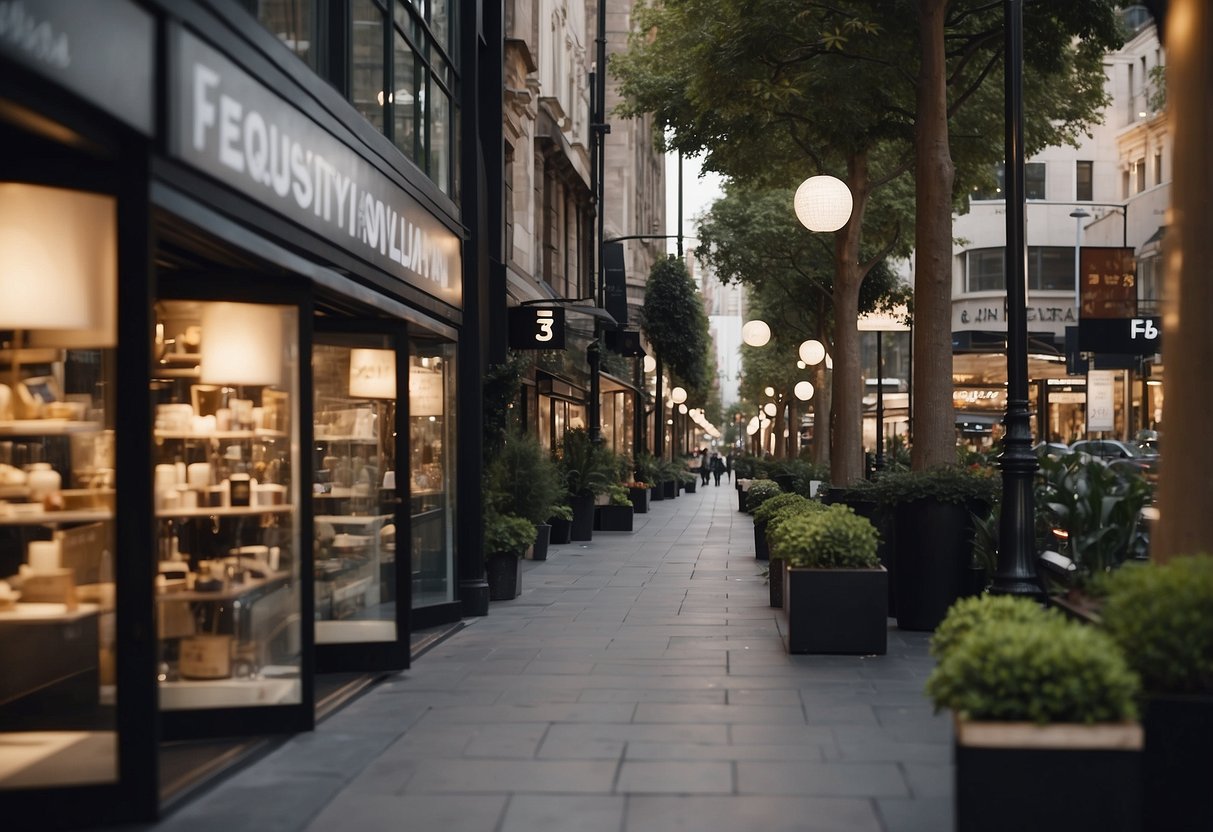 A row of furniture shops with signs displaying "Frequently Asked Questions" in a busy shopping district