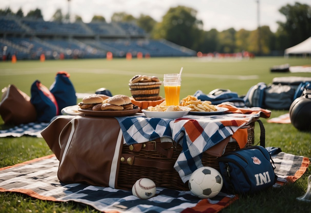 A sports-themed picnic with jerseys, pennants, and sports equipment scattered on a checkered blanket, surrounded by stadium-style seating and a backdrop of a grassy field