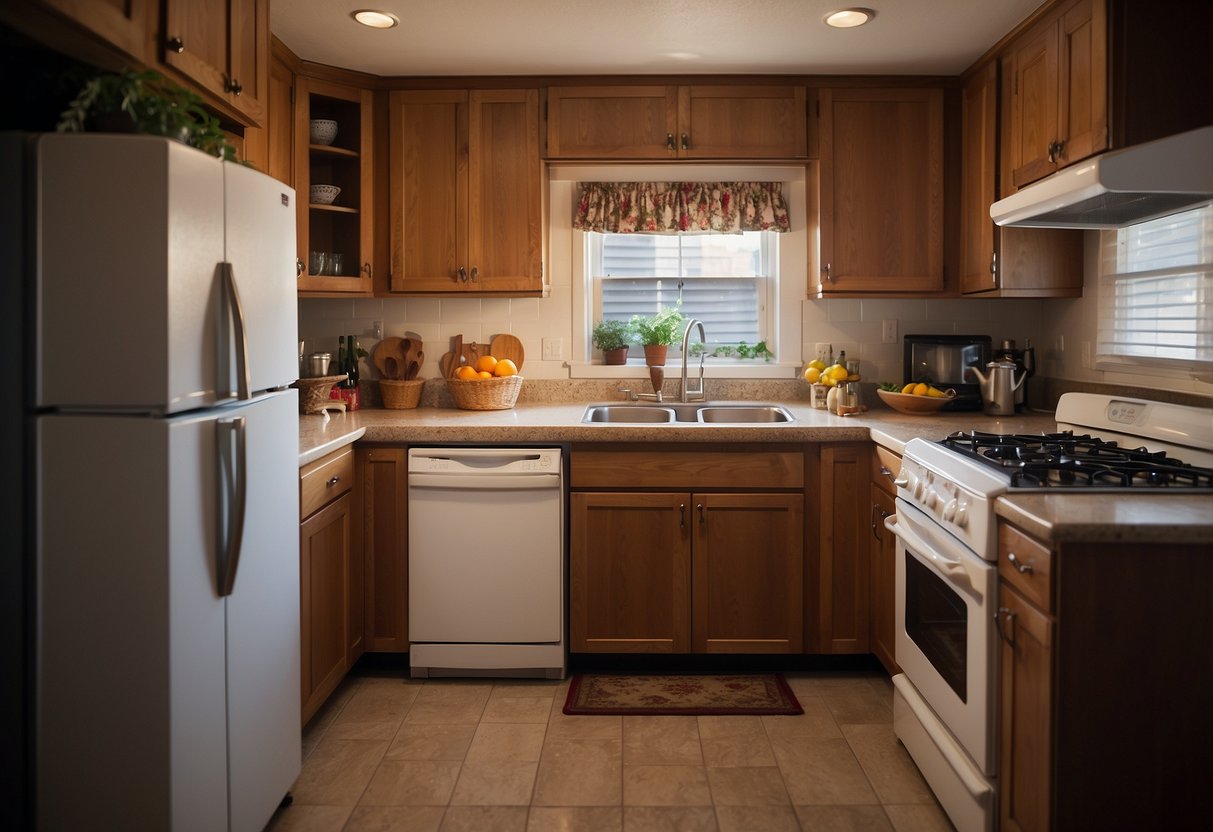 A kitchen scene with a table, chairs, cabinets, sink, stove, refrigerator, and other appliances. No humans or body parts included