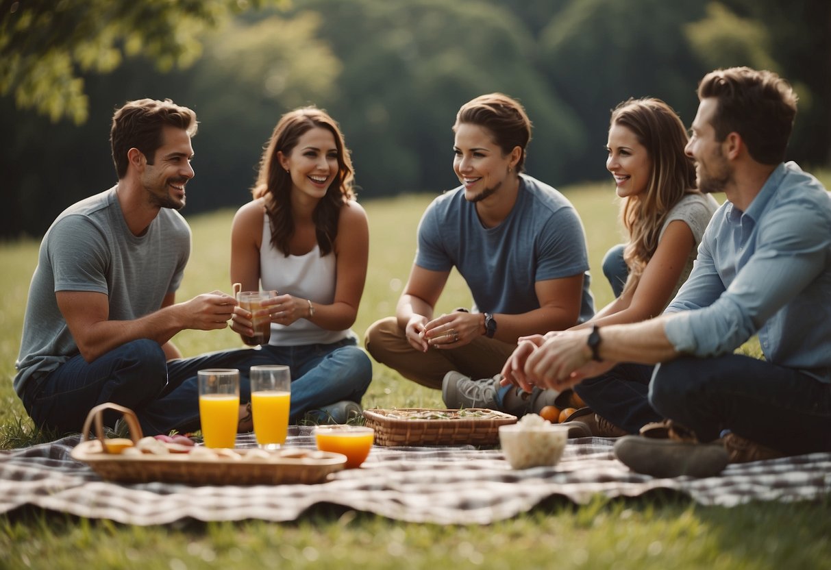 A group of people gather in a grassy field, setting up picnic blankets and sports equipment. They play games like soccer, frisbee, and volleyball while enjoying food and drinks