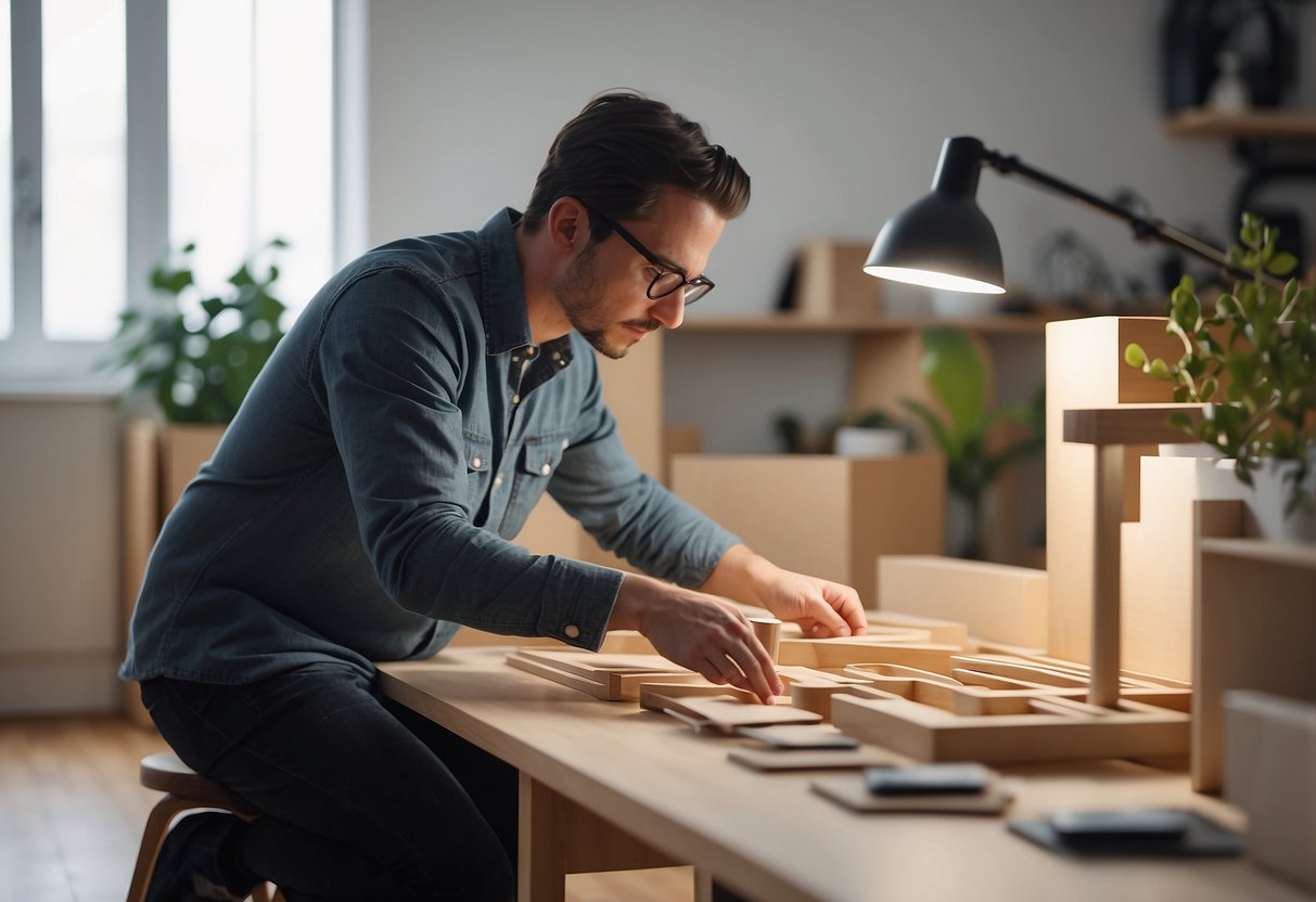 A person arranging 'as-is' IKEA furniture pieces in a stylish and functional manner in a well-lit room with modern decor