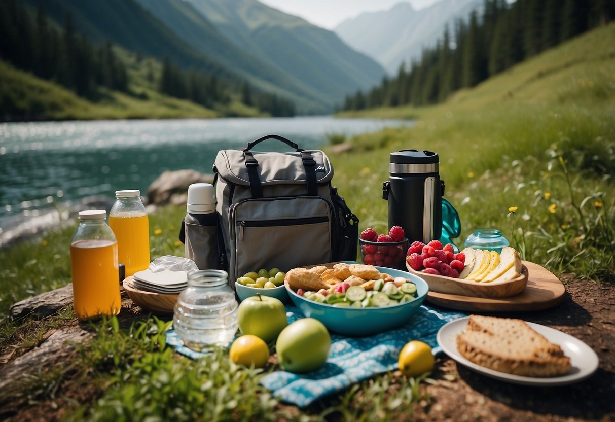 A scenic mountain trail with a clear, flowing stream and lush greenery. A picnic blanket spread out on the grass, surrounded by a backpack, water bottles, and a variety of healthy snacks