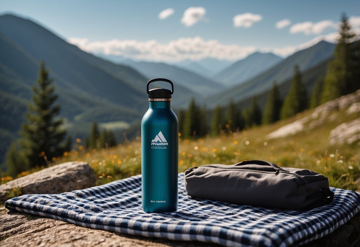 An insulated water bottle sits on a checkered picnic blanket surrounded by hiking gear and a scenic mountain landscape