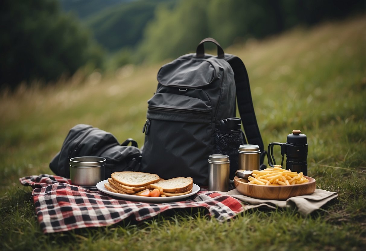 A picnic blanket spread out on a grassy hill, with a backpack and lightweight cutlery laid out for a meal during a hike