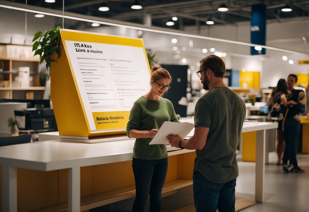 Customers browsing ikea furniture with a list of frequently asked questions in hand