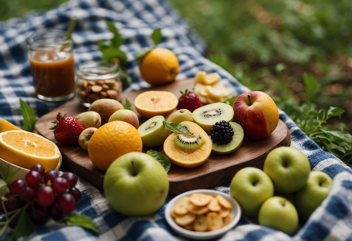 A spread of bite-sized snacks and fruits on a checkered picnic blanket in a lush, forested setting with a hiking trail in the background