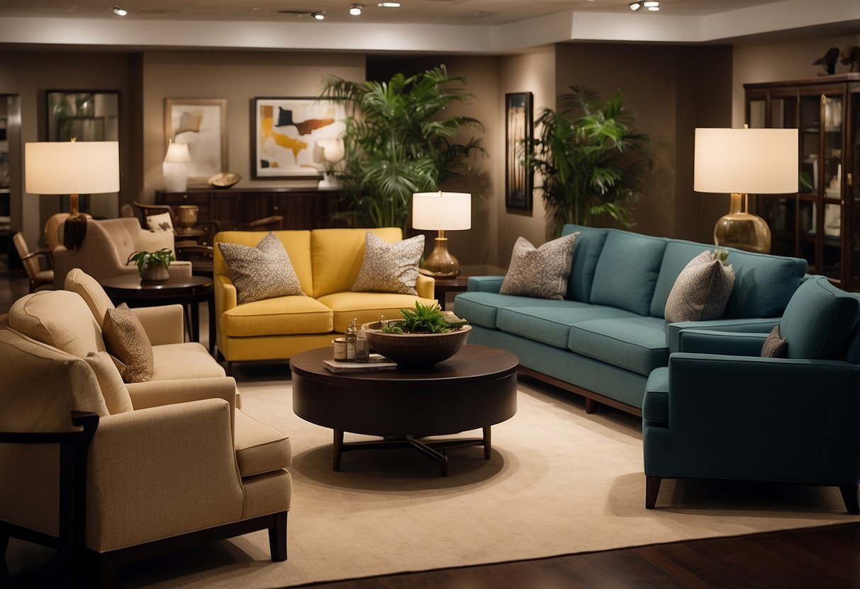 A room with a variety of McGuire furniture pieces, such as chairs, tables, and cabinets, arranged in a showroom or display setting