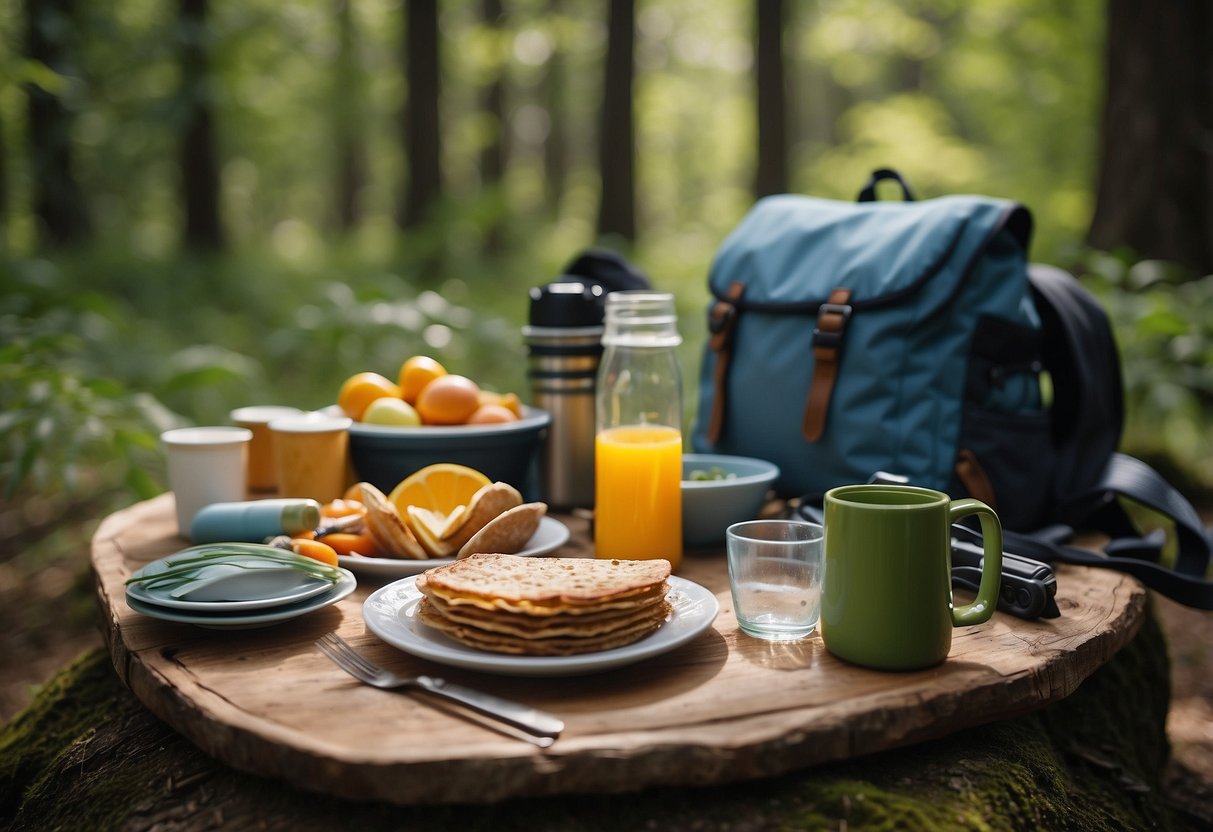 A picnic scene on a hiking trail with biodegradable plates, surrounded by nature, with a backpack and hiking gear nearby