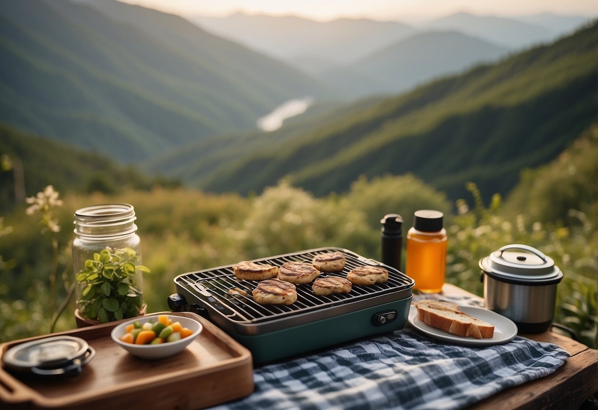 A portable mini grill sits atop a picnic blanket surrounded by hiking gear. The scenic backdrop includes a winding trail and lush greenery