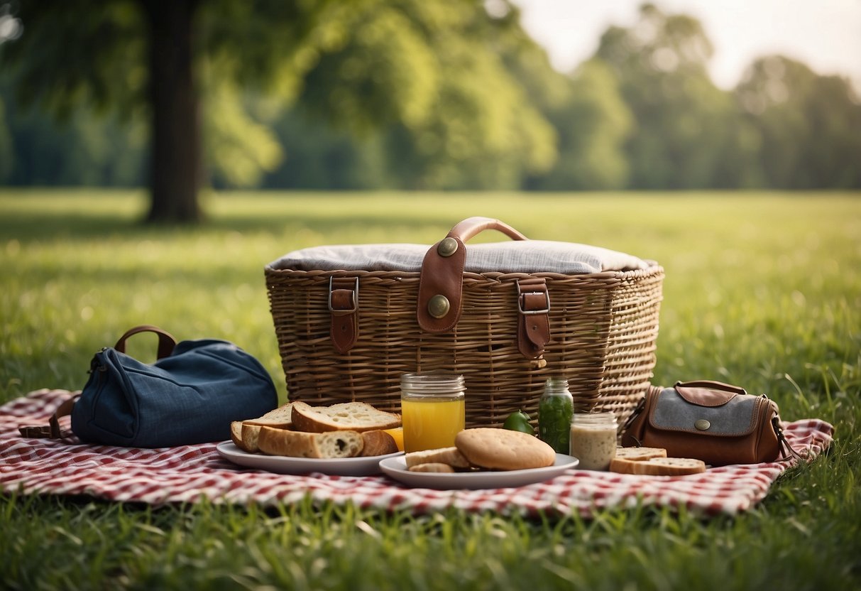 A picnic blanket spread out on a grassy clearing, surrounded by trees. Insect repellent sits on the edge, next to a basket filled with snacks and a backpack