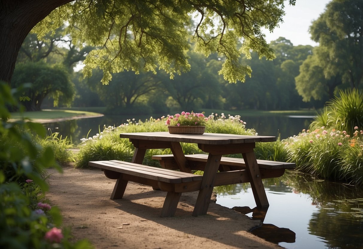 Lush greenery surrounds a tranquil pond, with a wooden picnic table nestled under a towering oak tree. Colorful flowers bloom nearby, creating a serene atmosphere for a relaxing picnic in the botanical gardens