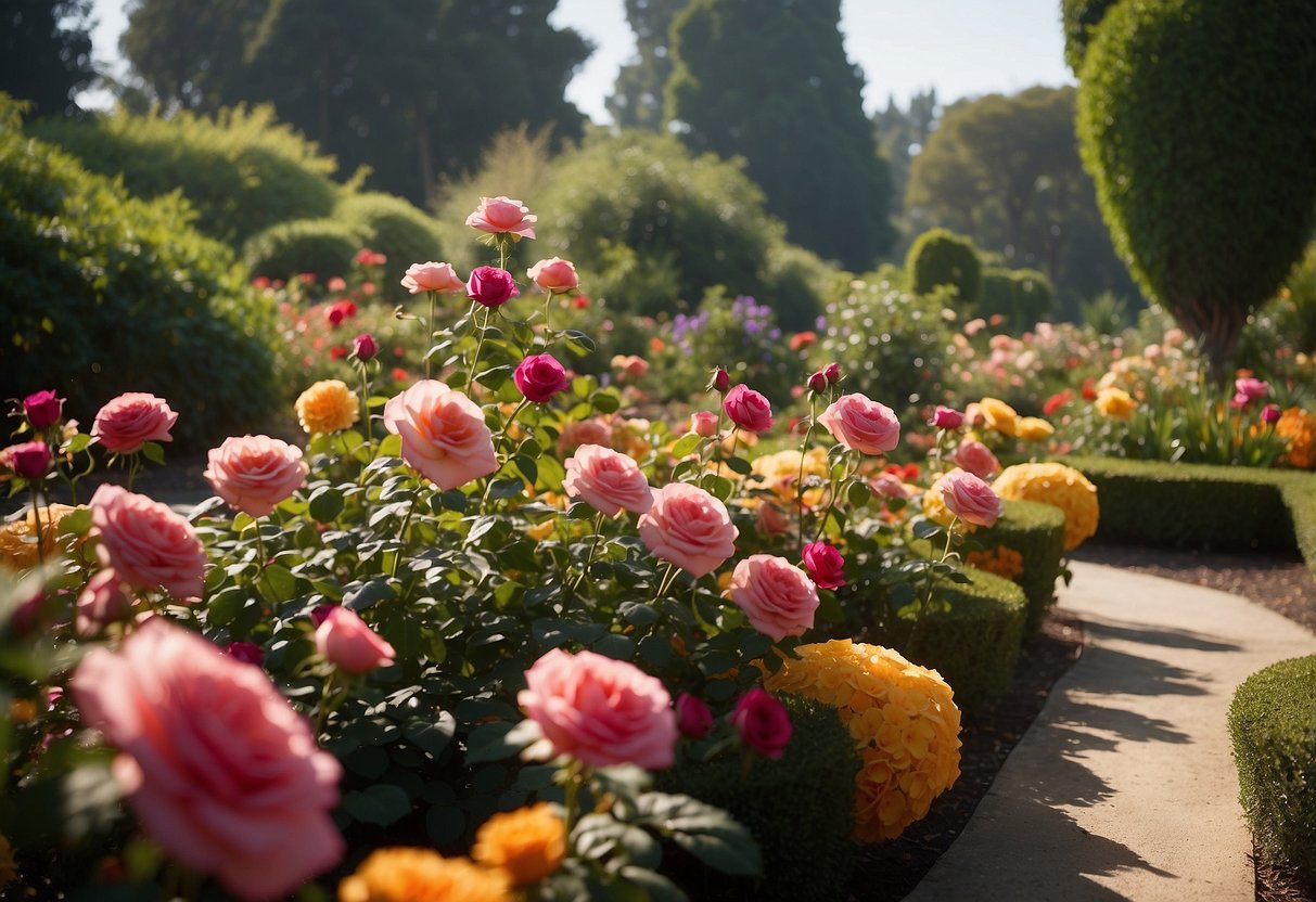 A vibrant rose garden at Huntington Botanical Gardens, with colorful blooms and lush greenery. Perfect for a peaceful picnic surrounded by natural beauty