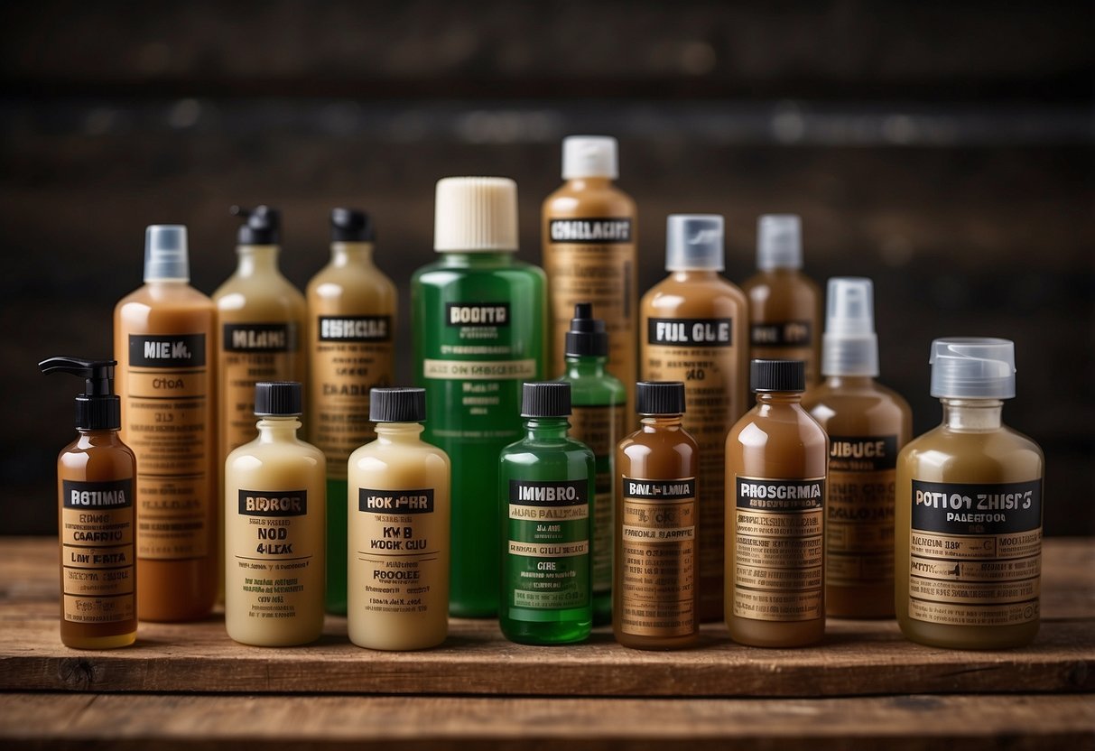 Wood glue bottles, tubes, and containers arranged on a workbench, with various types labeled and their properties listed nearby