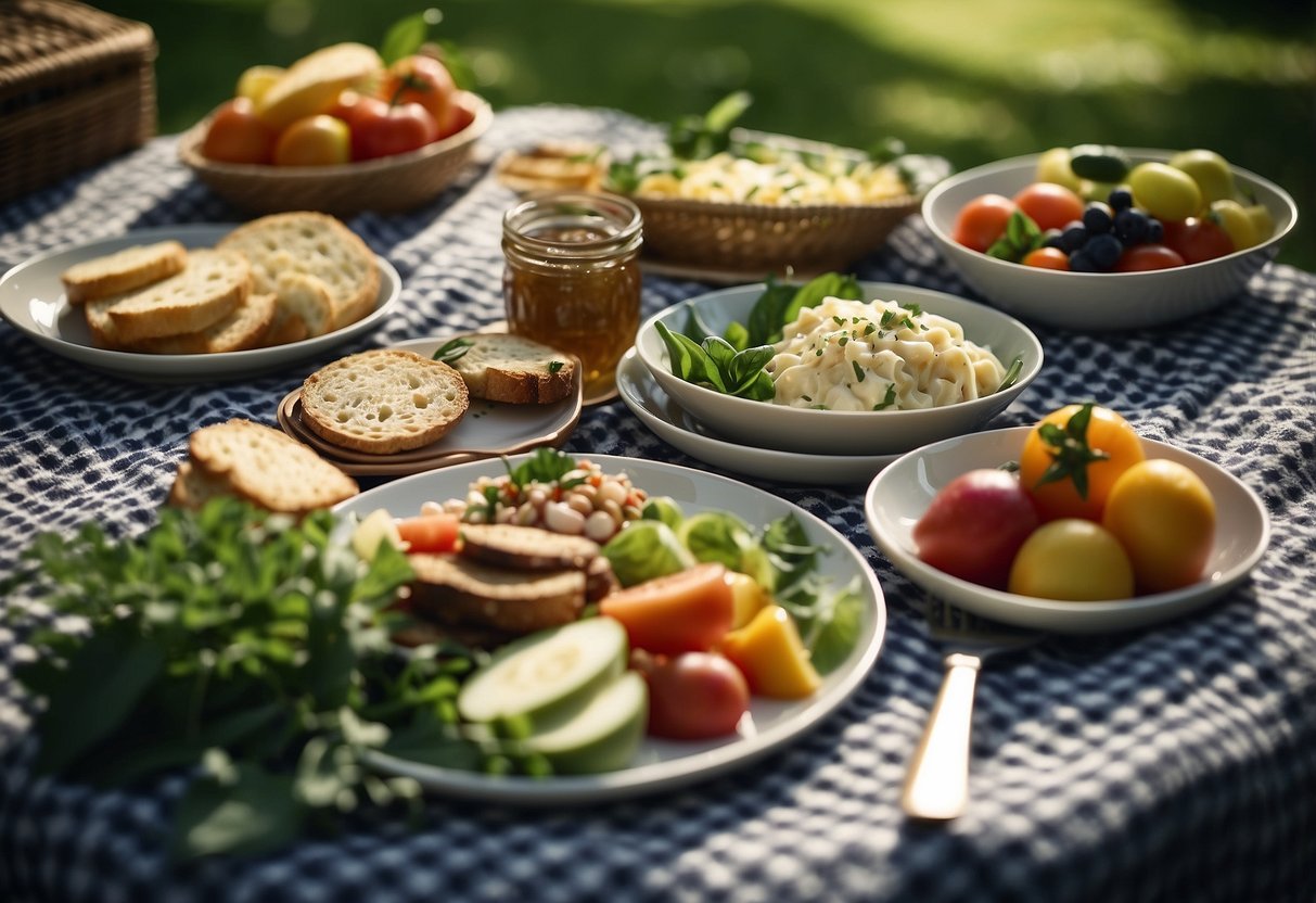 A spread of gourmet picnic dishes arranged on a checkered blanket, surrounded by lush greenery and dappled sunlight