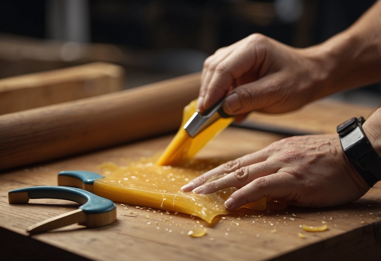 Wood glue is applied to two wooden surfaces using a brush. Excess glue is wiped away with a cloth. Clamps are used to hold the pieces together while the glue dries