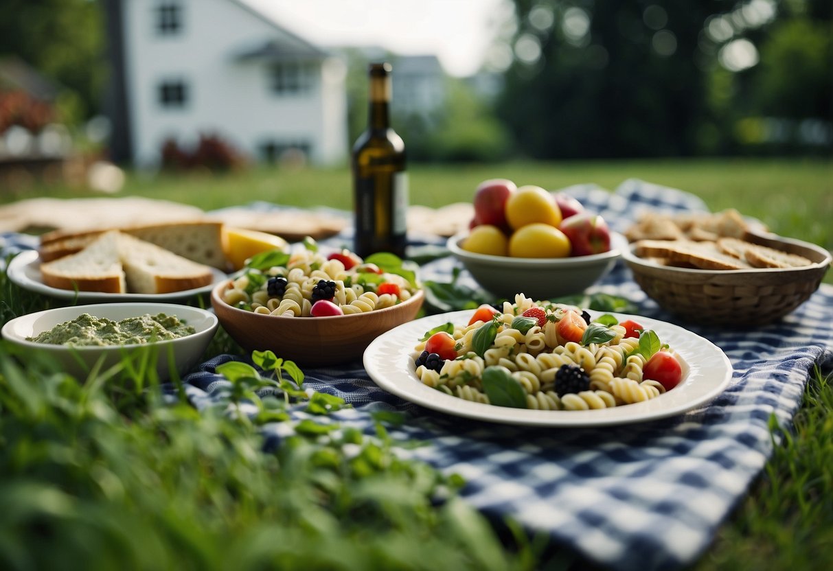 A picnic spread with a colorful basil pesto pasta salad as the centerpiece. Surrounding dishes include fresh fruits, artisan cheese, and crusty bread. A checkered blanket is spread out on lush green grass