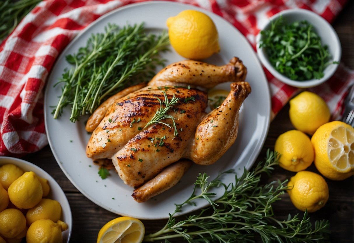 A sizzling chicken breast on a grill with fresh herbs and lemon slices, surrounded by picnic essentials like a checkered blanket and a wicker basket