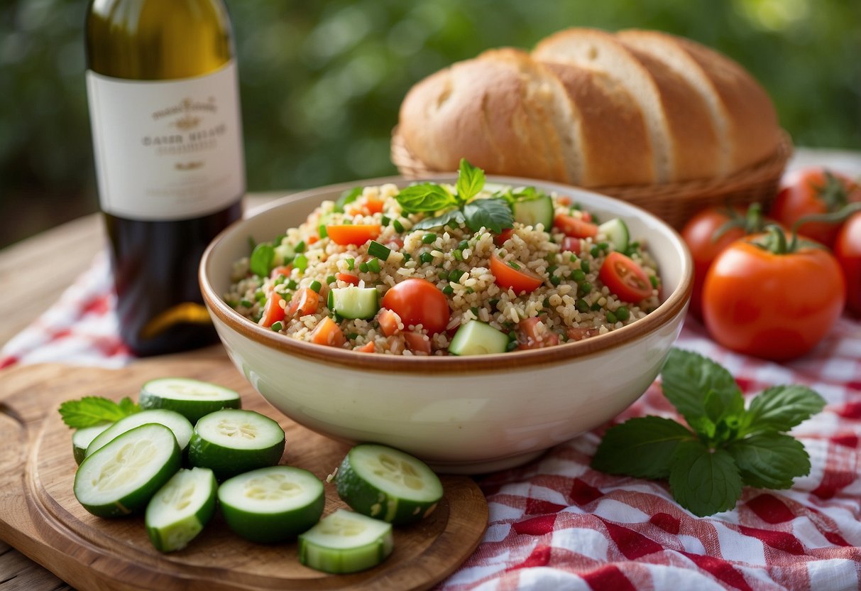 A vibrant bowl of quinoa tabbouleh with fresh mint, tomatoes, and cucumbers sits on a checkered picnic blanket surrounded by a wicker basket, a bottle of wine, and a loaf of crusty bread