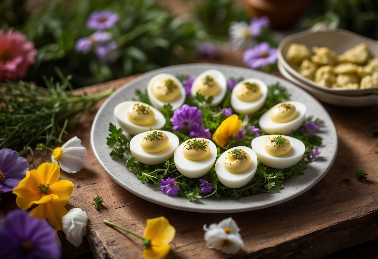 A platter of truffle deviled eggs surrounded by fresh herbs and colorful edible flowers, set against a rustic picnic backdrop