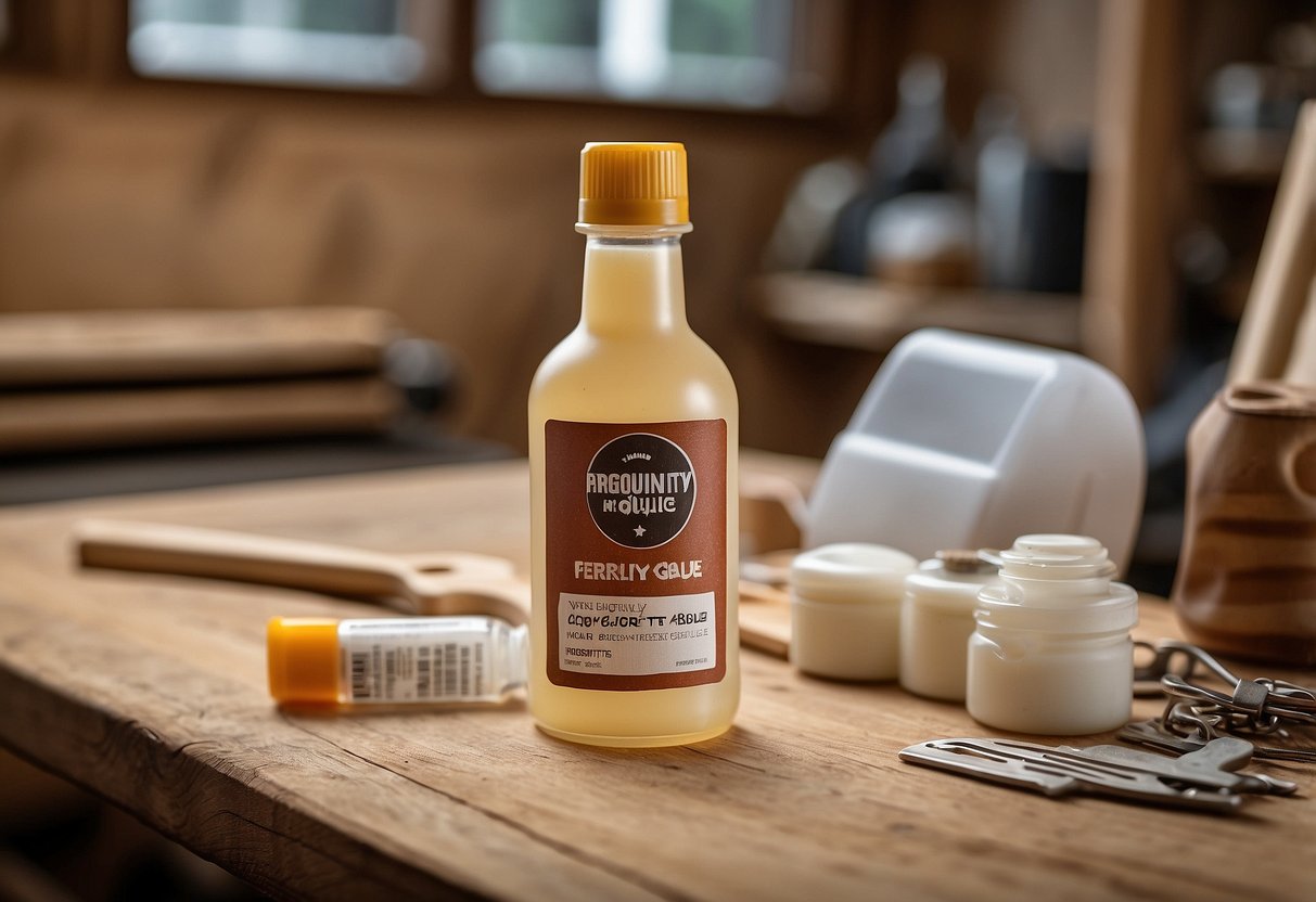 A bottle of wood glue sits on a workbench, surrounded by various pieces of furniture. A label on the bottle reads "Frequently Asked Questions wood glue for furniture."