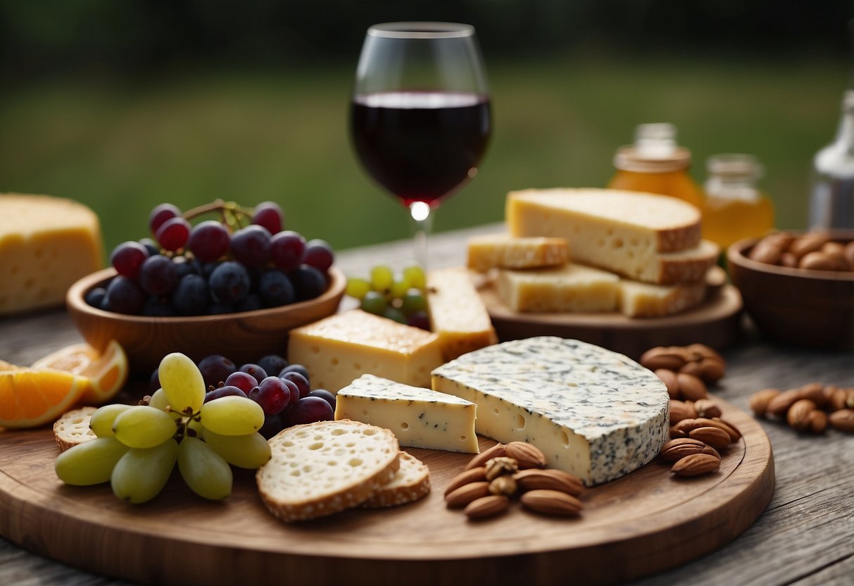 A wooden cheese board is adorned with an assortment of artisan cheeses, crackers, fruits, and nuts. A bottle of wine and a small jar of honey complete the gourmet picnic spread