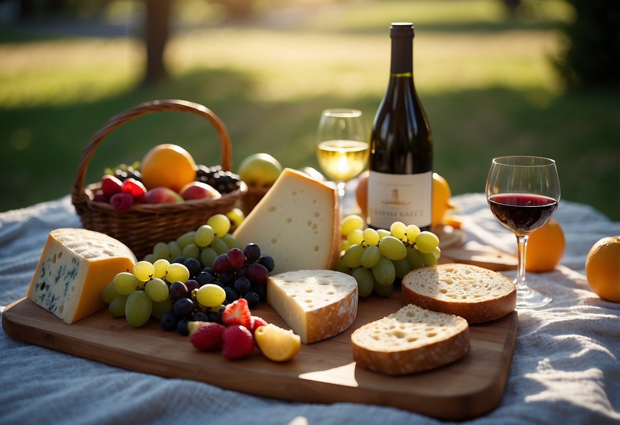 A picnic blanket spread out with a wicker basket filled with gourmet food and a bottle of wine. A cheese board, fruit, and sandwiches arranged neatly. Sun shining down on the scene