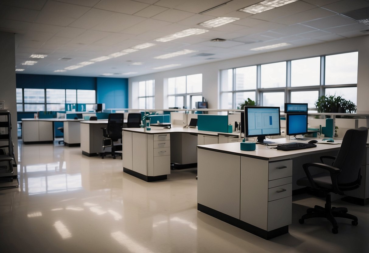 Lab furniture being installed and sold in a spacious, well-lit showroom with various workstations and storage units on display