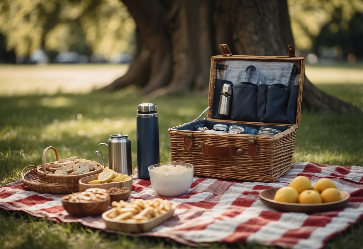 A picnic blanket laid out under a shady tree, with a basket of food, a thermos of drinks, and a selection of easy-to-reach snacks and utensils. A small portable table with adjustable height is set up nearby for convenience