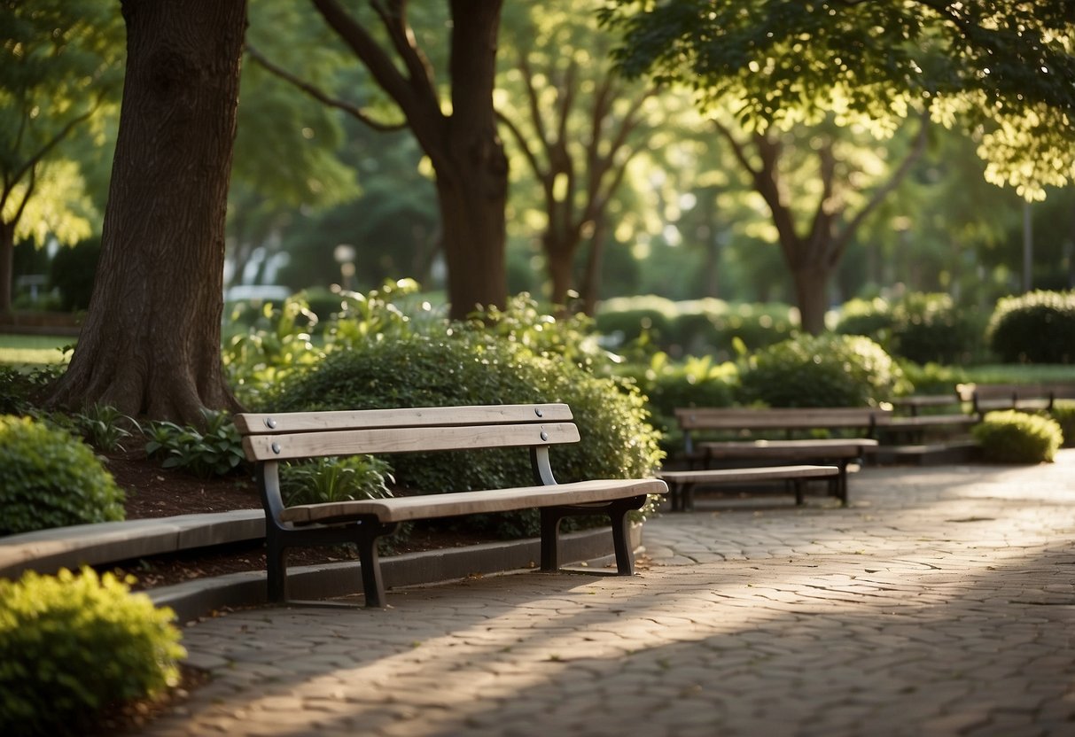 A serene park with flat, paved paths winding through lush greenery. A picnic table with wheelchair access and nearby accessible restroom facilities