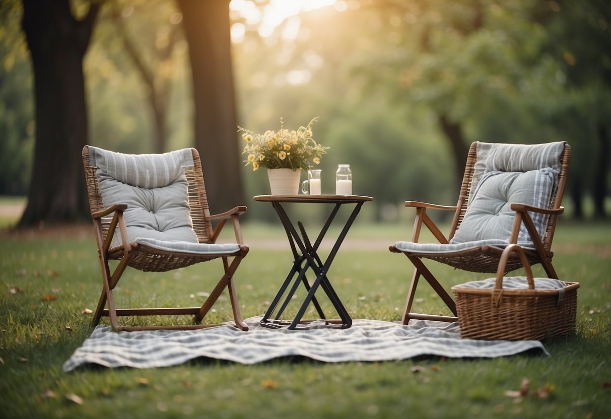 Folding chairs arranged on grassy picnic spot, with a basket and blanket nearby