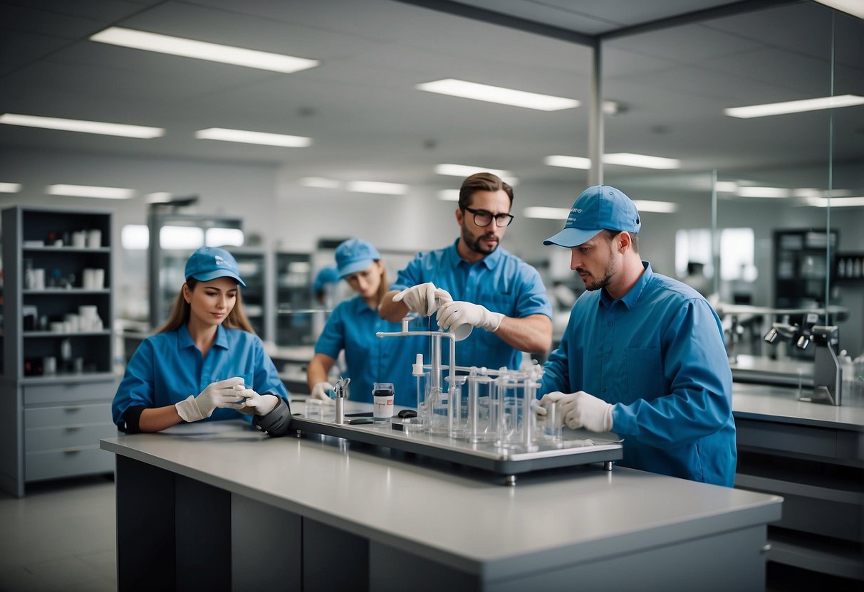 A team of workers assembles and installs lab furniture, showcasing a variety of custom solutions for sale