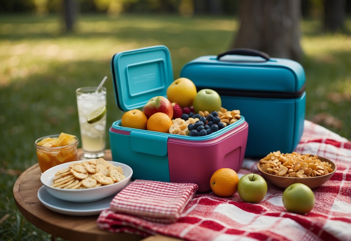 A colorful, lightweight cooler sits open on a picnic blanket. A variety of easy-to-reach snacks and drinks are neatly organized inside. The surrounding area is peaceful and inviting for a relaxing outdoor meal