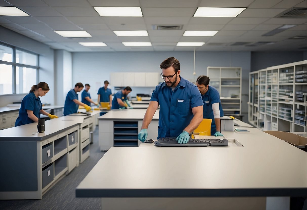 A team of workers assembles and arranges lab furniture in a spacious, well-lit room. Shelves, cabinets, and tables are being installed and organized for display