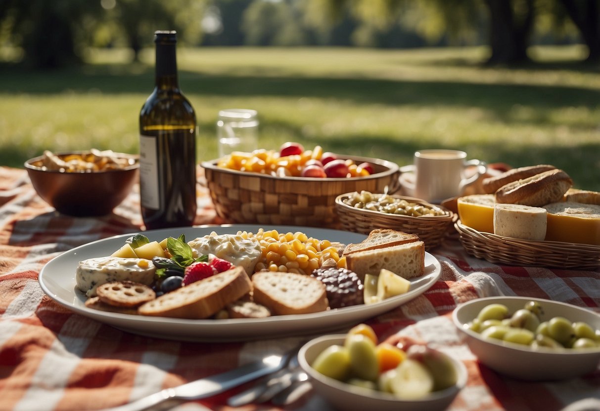 A picnic blanket spread out with a selection of adaptive cutlery, a variety of delicious picnic foods, and a beautiful outdoor setting with trees and sunshine