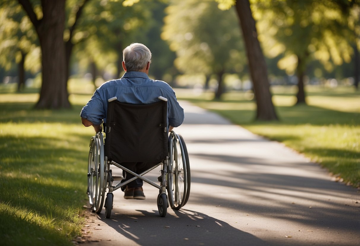 A person in a wheelchair navigates a smooth, level path to a picnic area with wide, accessible tables and benches surrounded by flat, grassy terrain