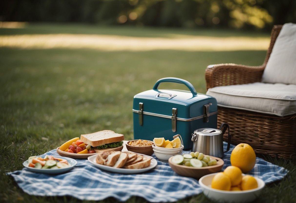 A picnic blanket laid out with a low, accessible table, a basket of food, and a cooler nearby. A comfortable chair with a cushion and a small portable grill set up for cooking