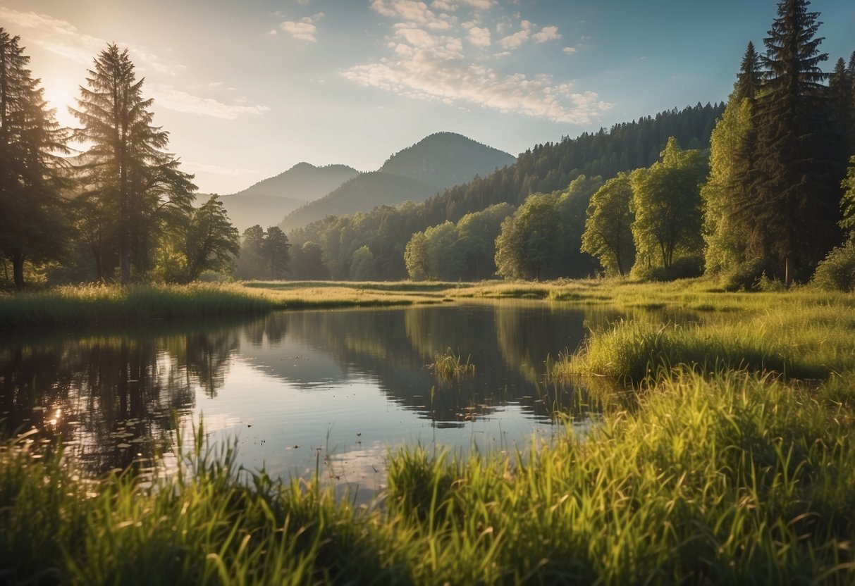 Lush meadows with grazing deer, a serene lakeside with ducks, a forest clearing with chirping birds, a riverbank with basking turtles, and a hilltop with panoramic views of wildlife