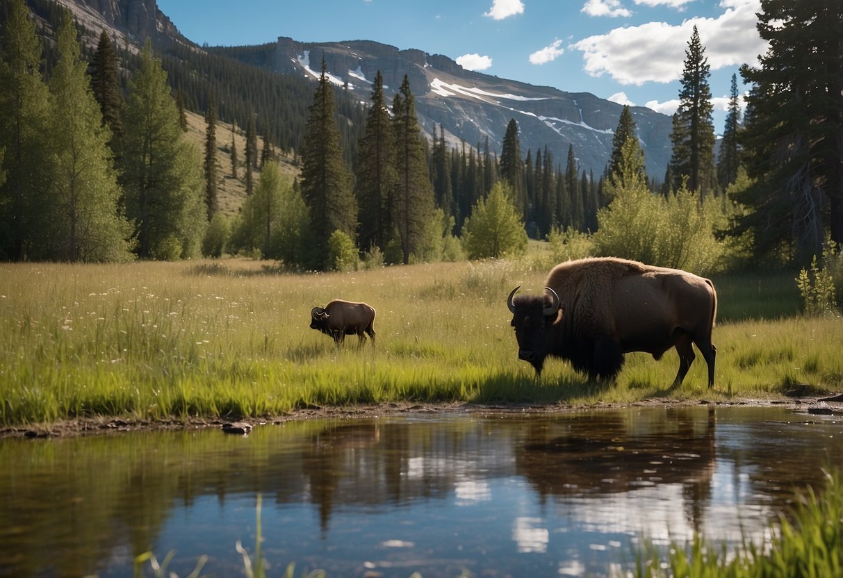 Grassy meadows with grazing bison and elk, a flowing river with otters, a serene lake with nesting birds, a dense forest with deer, and a mountain vista with bighorn sheep