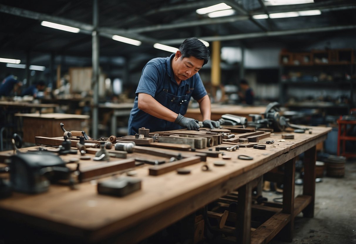 Old furniture being repurposed in a Singaporean workshop. A worker refurbishes and salvages pieces, while others sort and organize materials